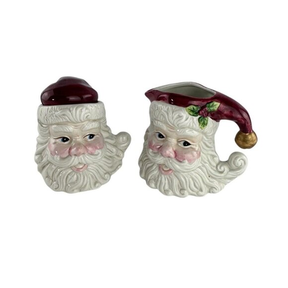 Vintage Santa Head Ceramic Christmas Creamer & Sugar Bowl Set With Lid - Picture 12 of 14